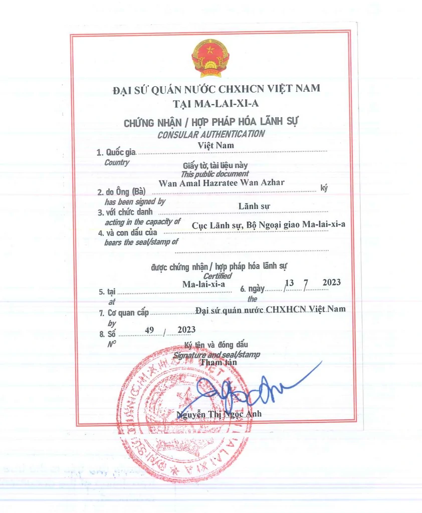Giấy chứng nhận Hợp pháp hóa lãnh sự do Đại sứ quán Việt Nam cấp