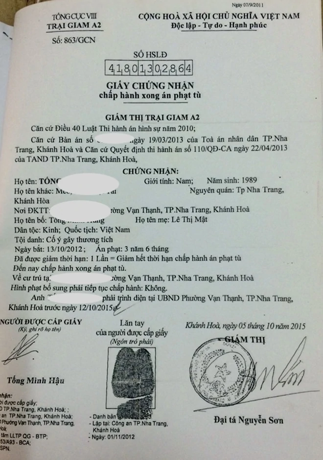 Giấy chứng nhận chấp hành xong án phạt tù