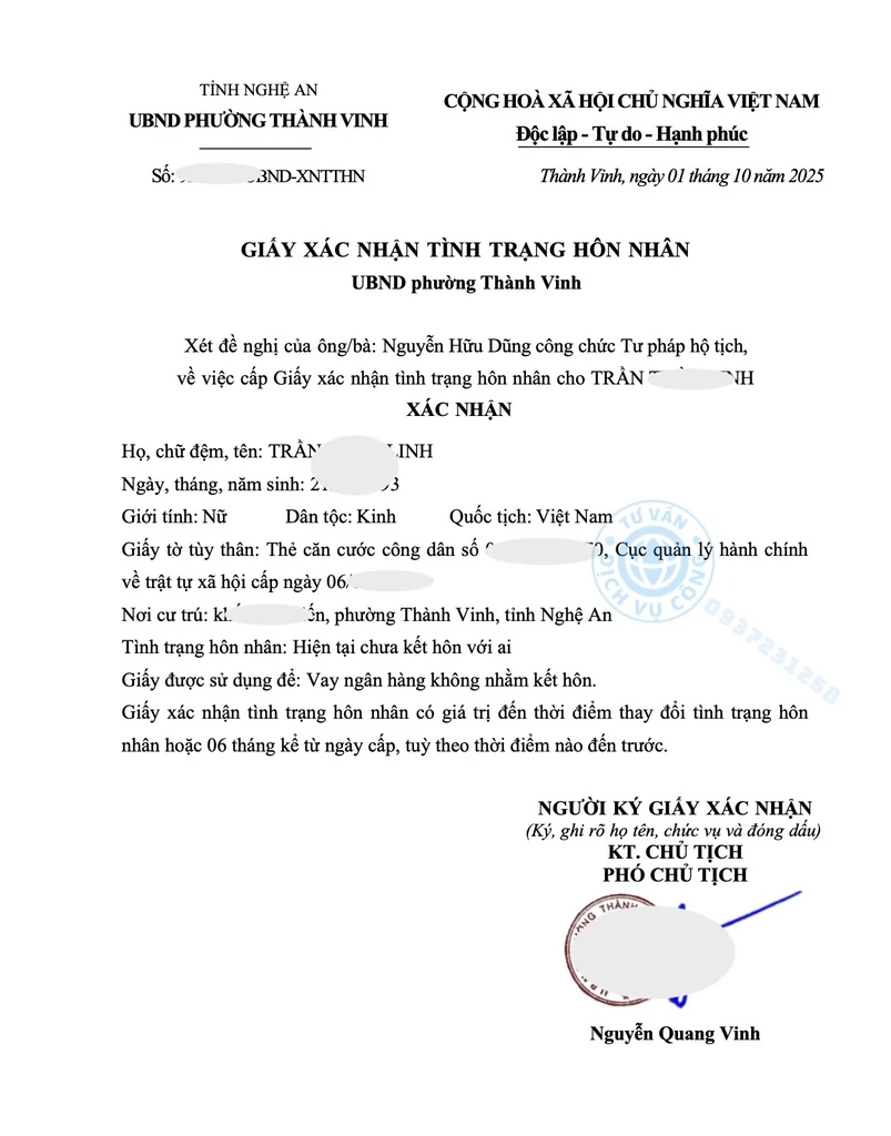 Giấy xác nhận độc thân tại phường Thành Vinh