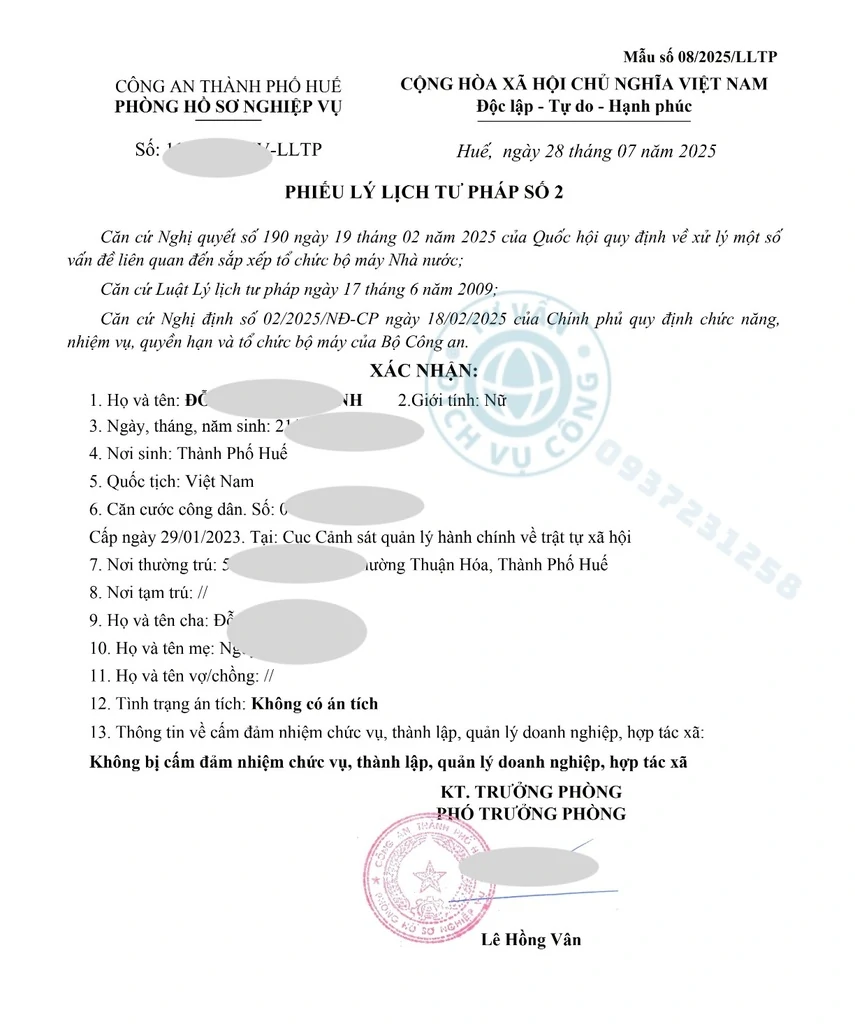Lý lịch tư pháp mẫu mới nhất tại Huế