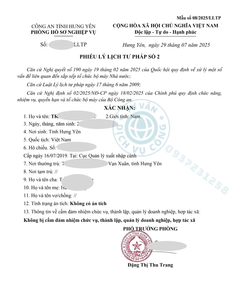 Lý lịch tư pháp mới nhất tại Hưng Yên