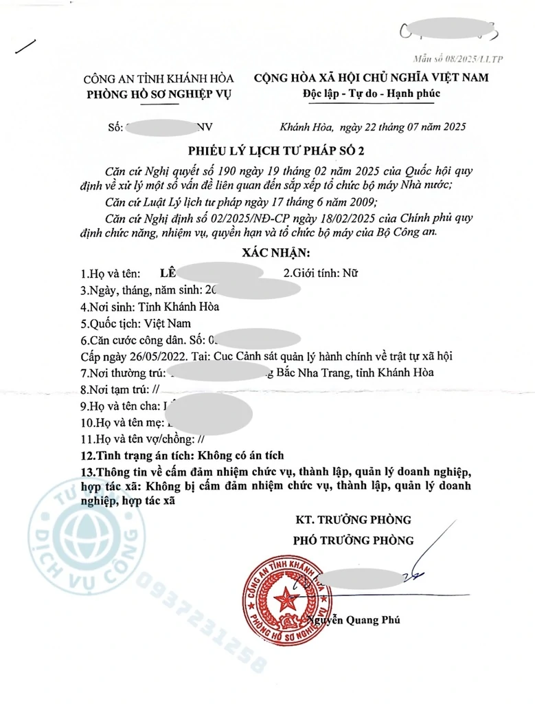 Lý lịch tư pháp tại Khánh Hoà mới nhất