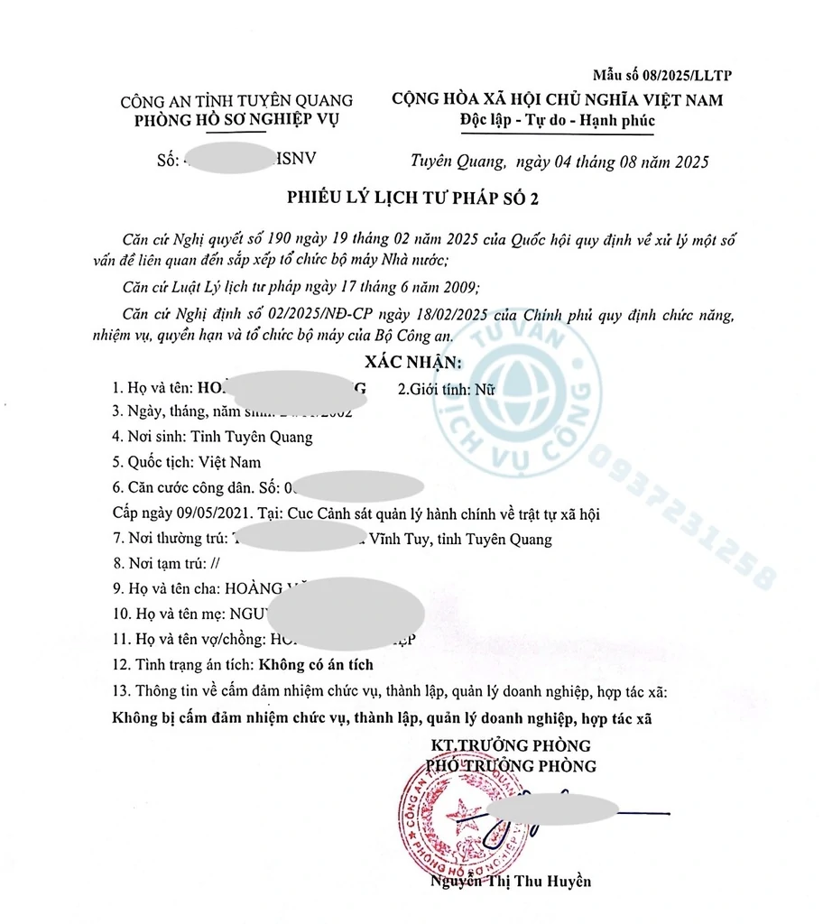 Mẫu phiếu lý lịch tư pháp mới nhất tại Tuyên Quang
