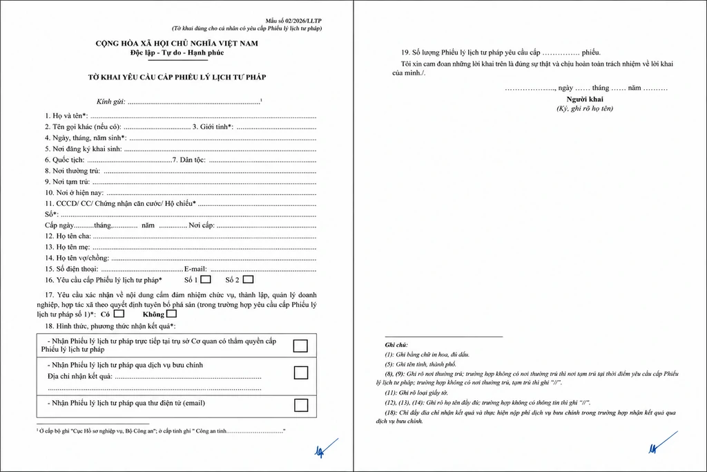 Tờ khai mẫu 02-2026 lý lịch tư pháp