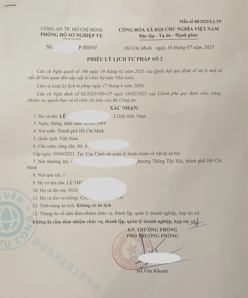Mẫu Lý lịch tư pháp mới nhất tại Hồ Chí Minh
