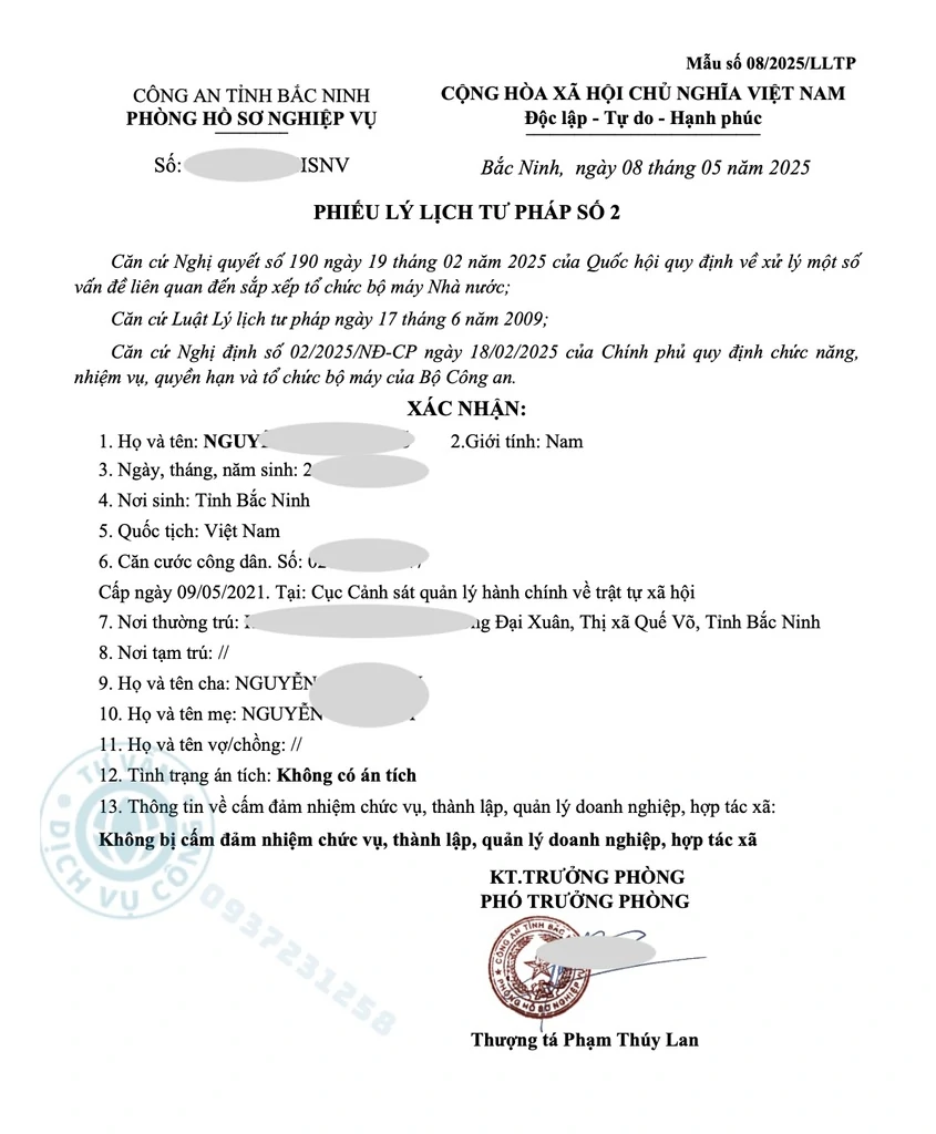 Phiếu lý lịch tư pháp mới nhất tại Bắc Ninh