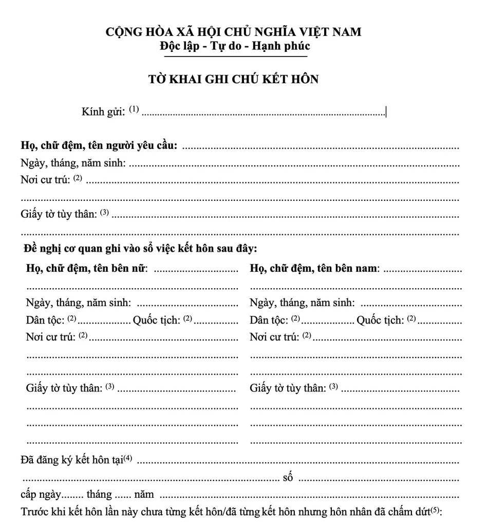 Tờ khai ghi chú kết hôn mới nhất
