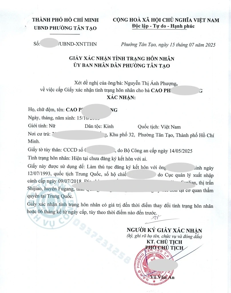Giấy Xác nhận tình trạng độc thân Phường Tân Tạo