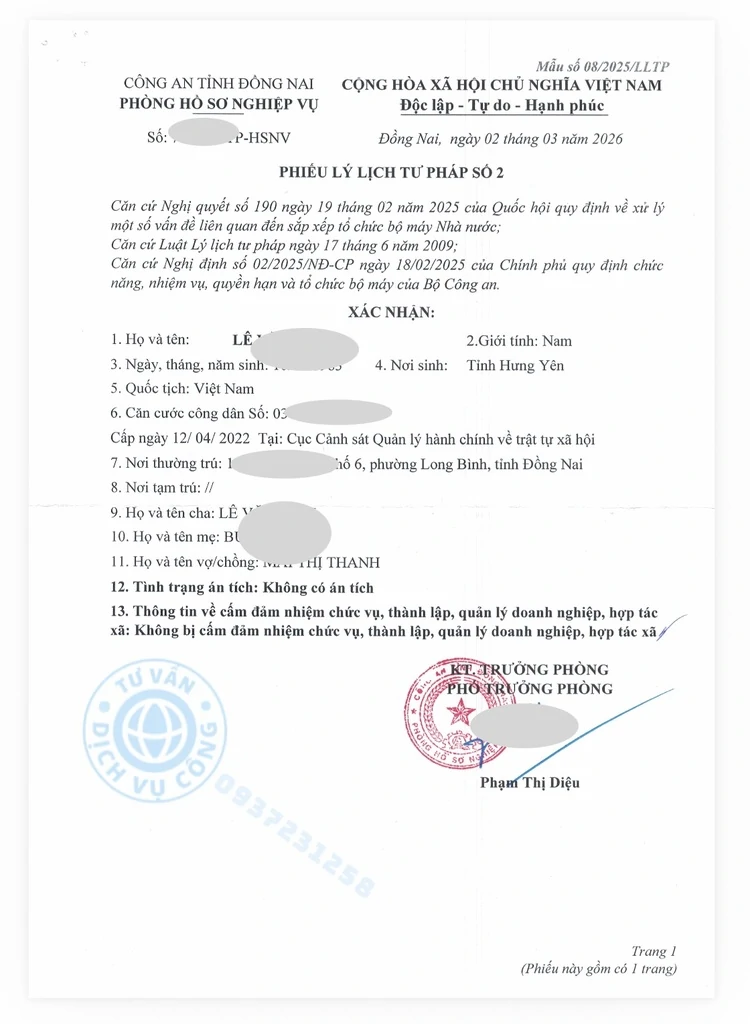 Mẫu Lý lịch tư pháp số 2 tại Đồng Nai