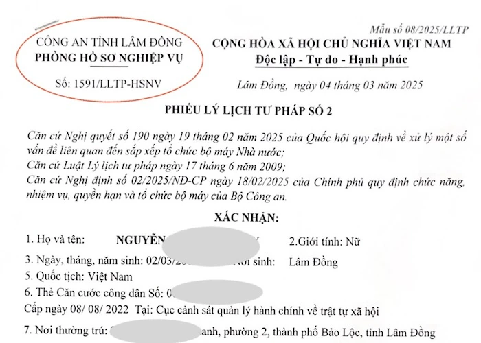 Lý lịch tư pháp mẫu mới nhất do Bộ Công An cấp