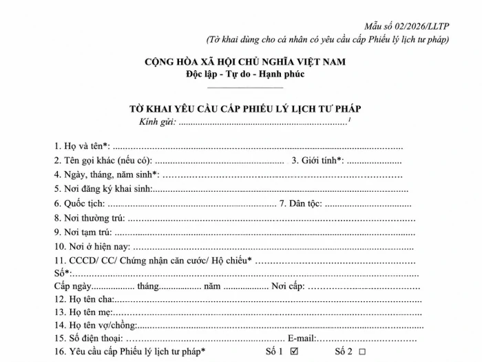 Tờ khai yêu cầu cấp Phiếu lý lịch tư pháp mẫu 02-2026