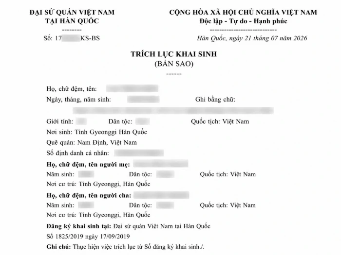 Trích lục giấy khai sinh tại Đại sứ quán Hàn Quốc